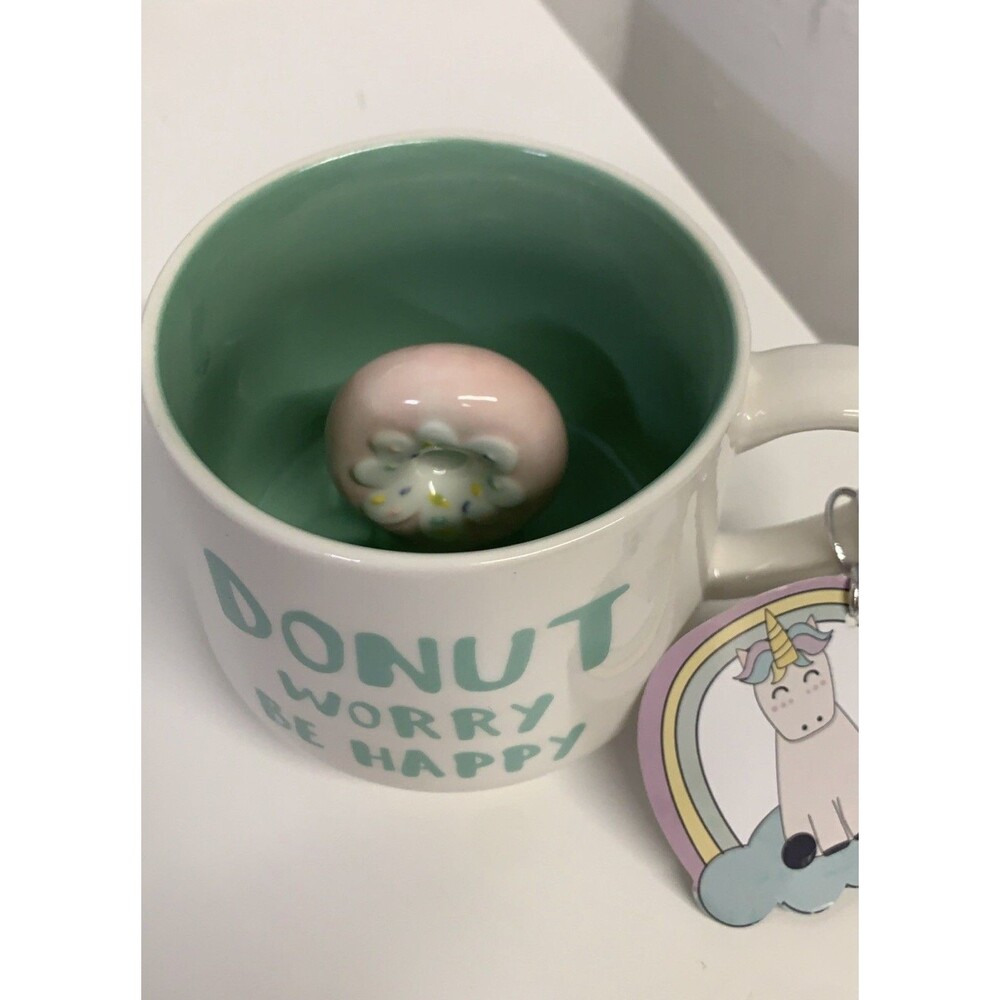 Whimsical Cupboard Donut Worry Be Happy Mug Coffee Cup Donut Inside White Seafoa